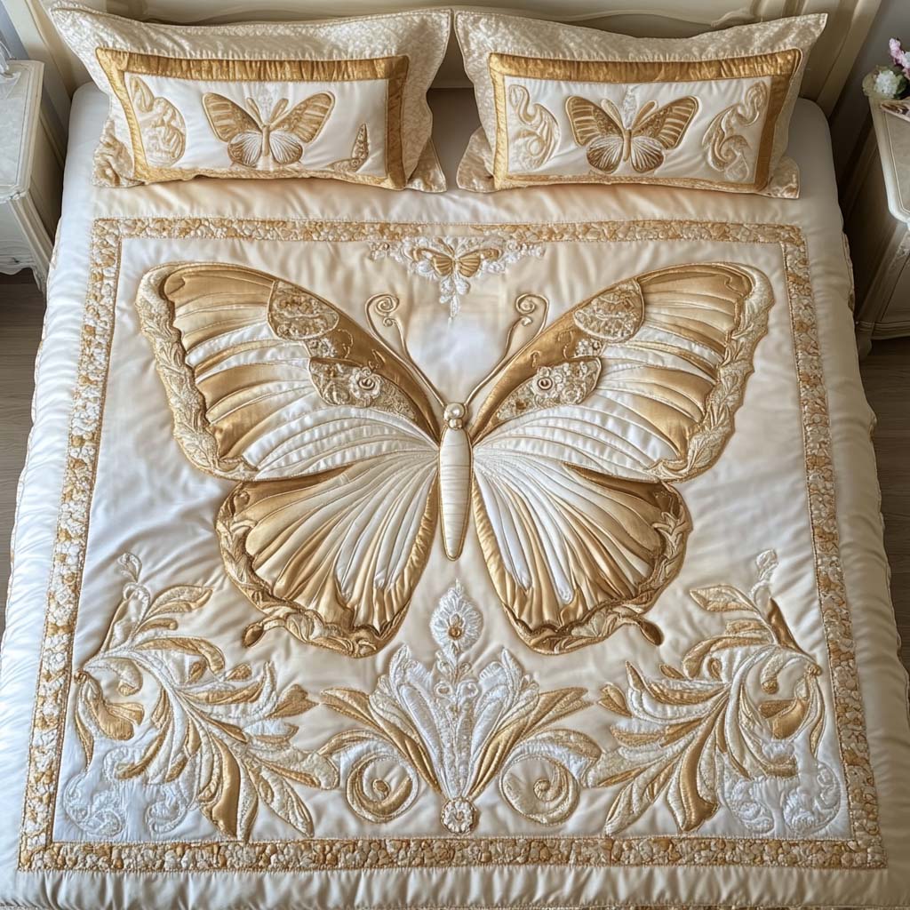 Golden Grace Butterfly Quilt Bedding Set, Gift For Butterfly Lovers - Blanket - GoDuckee
