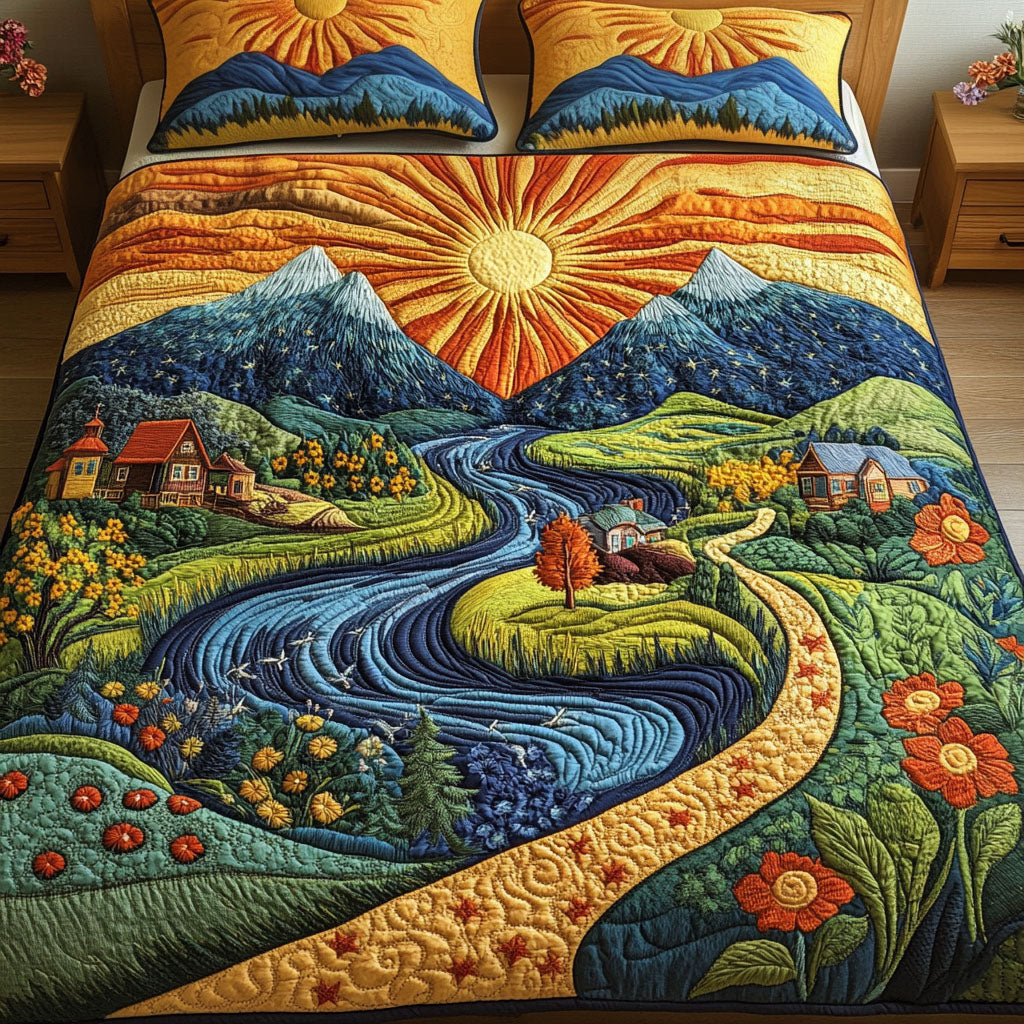 Sunshine Meadow Landscape Quilt Bed Set - Blanket - GoDuckee