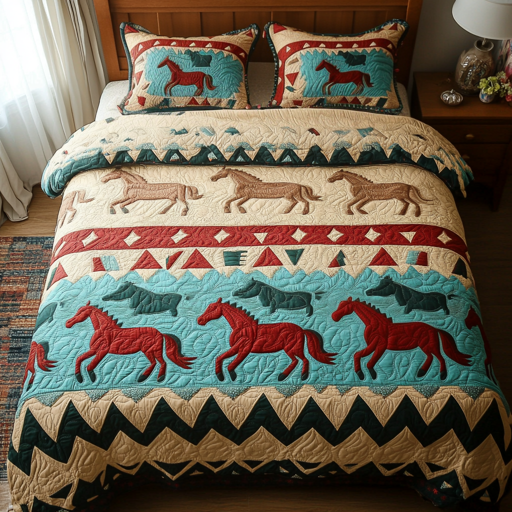Gift For Horse Lovers Quilt Bedding Set, Southwest Native American Horse - Blanket - GoDuckee