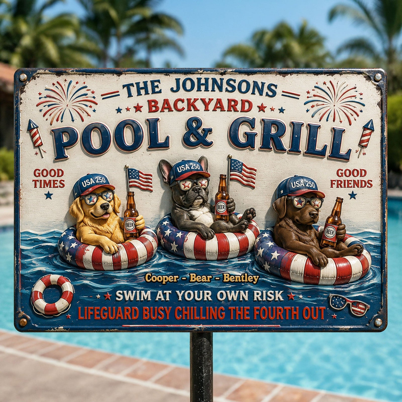 Fun Chilling Pet On Patriotic Pool Metal Sign, Custom Photo Gifts For Dog & Cat Owners 03qhti050626 - Metal Signs - GoDuckee