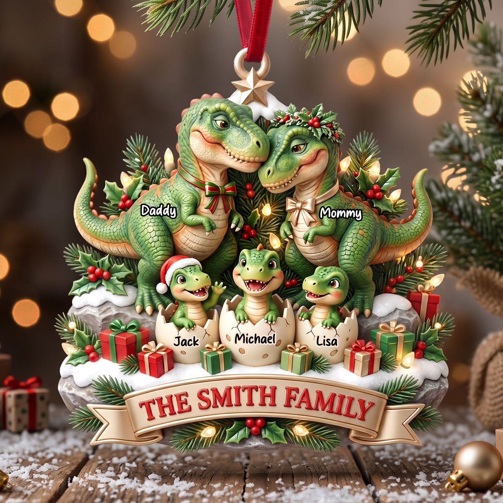 Dinosaur Family Ornament - Personalized Christmas Gifts For Family 04TYTI180826 - Ornament - GoDuckee