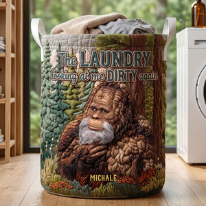 Fun Sasquatch Glance Quilted Laundry Basket, Personalized Gifts For Bigfoot Lovers 01qhti110726 - Laundry Basket - GoDuckee