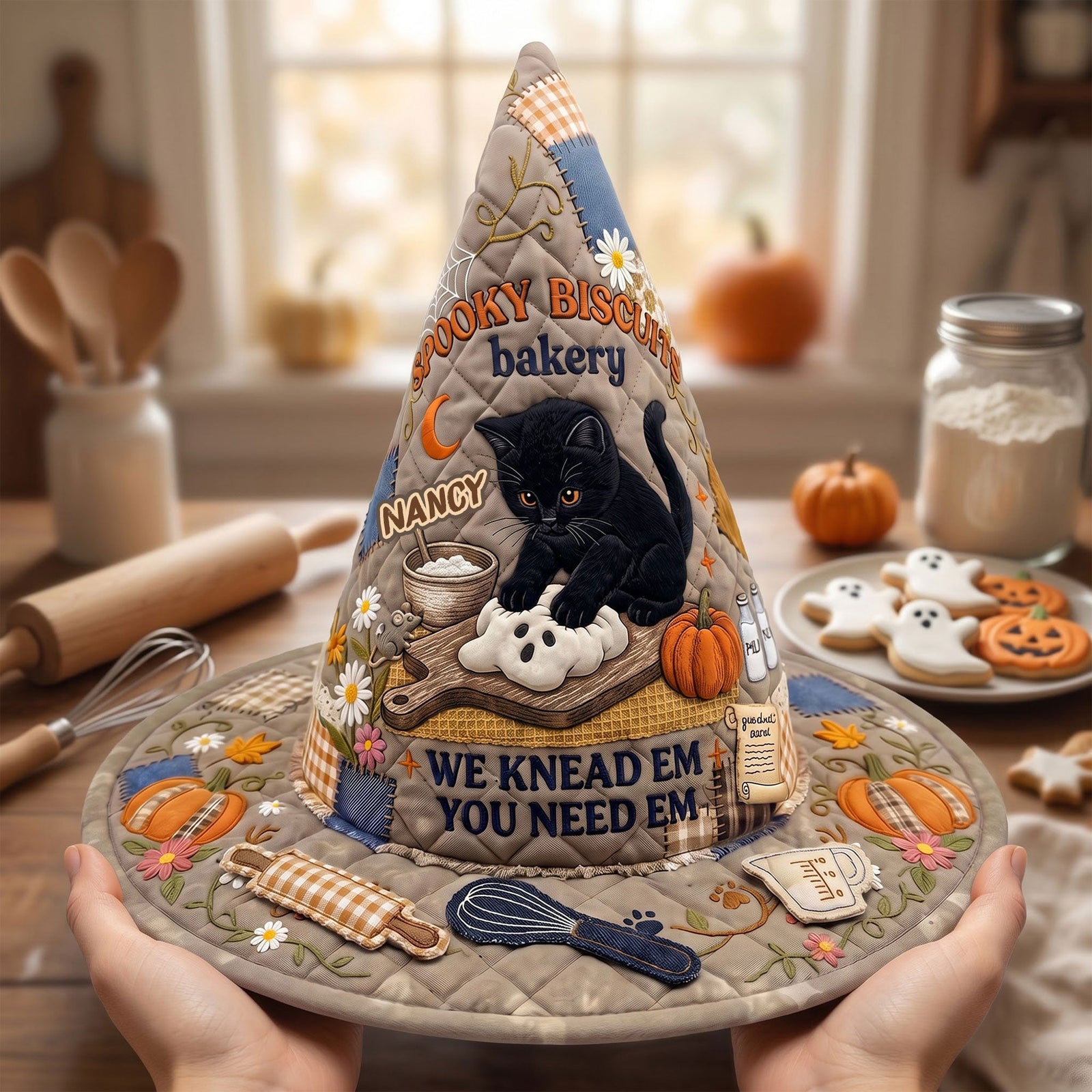 Kneading Cat Baker Quilted Witch Hat, Personalized Halloween Gifts For Cat Lovers 02qhti130826 - Quilted Witch Hat - GoDuckee