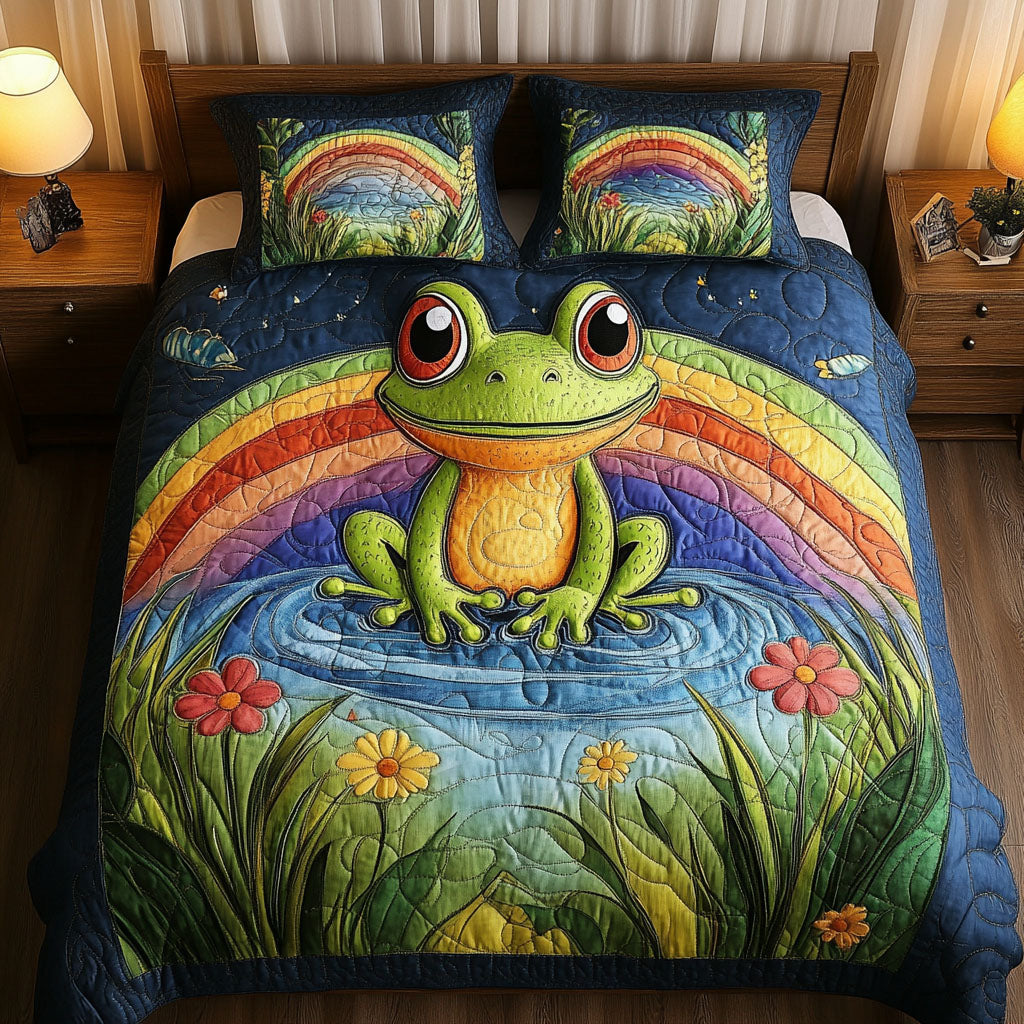 Frog With Colorful Rainbow Pond Quilt Bed Set - Blanket - GoDuckee