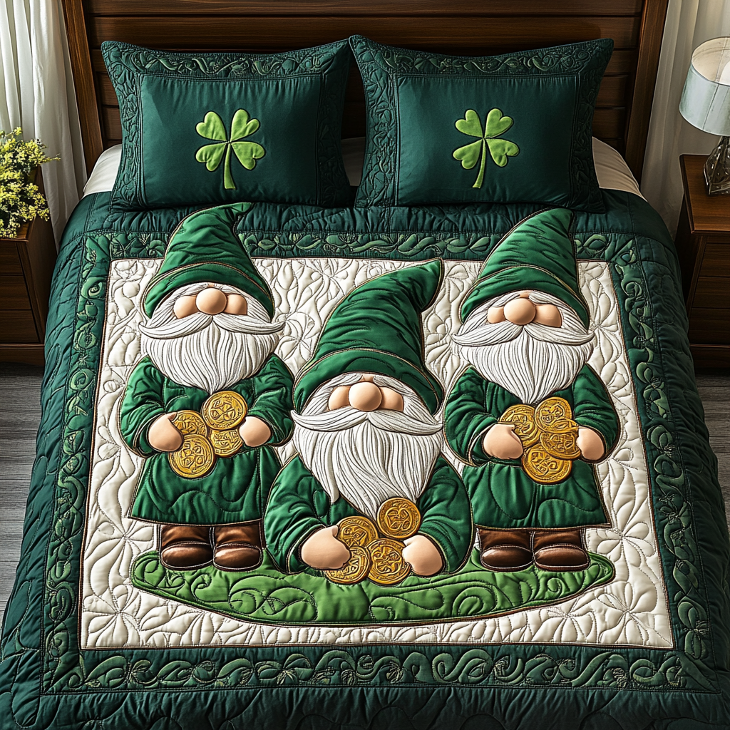 Gifts For Gnome Quilt Bed Set Shamrock Gnome - Blanket - GoDuckee
