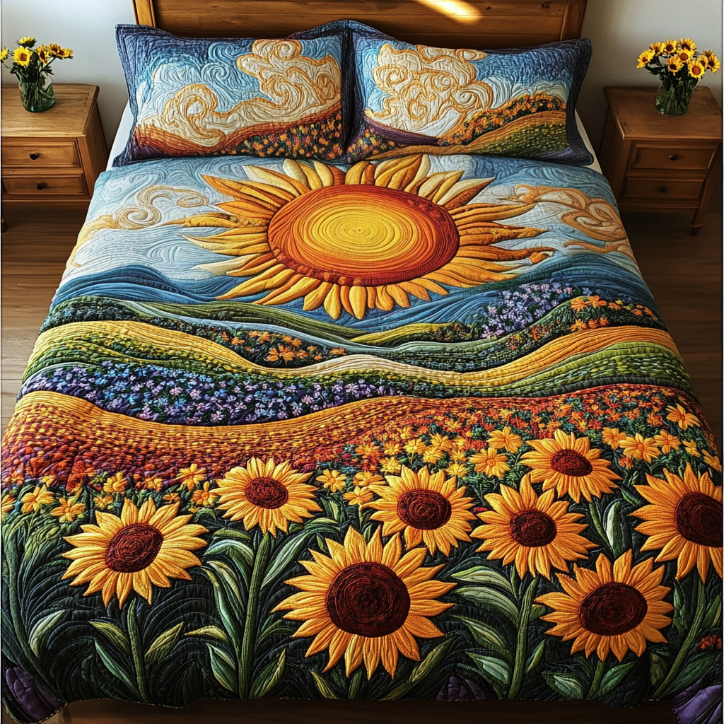 Sunshine embraces Sunflower Valley Quilt Bed Set - Blanket - GoDuckee