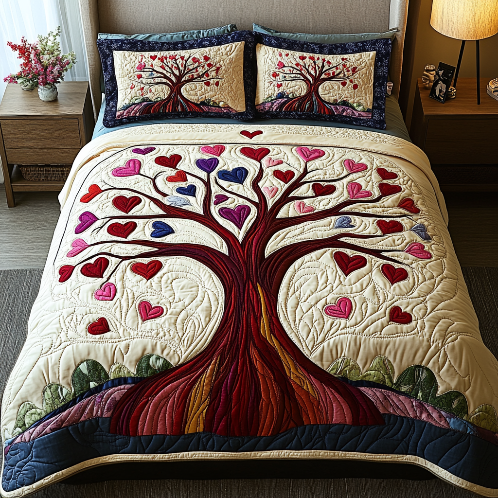 Vibrant Heartfelt Tree Of Love Quilt Bed Set - Blanket - GoDuckee