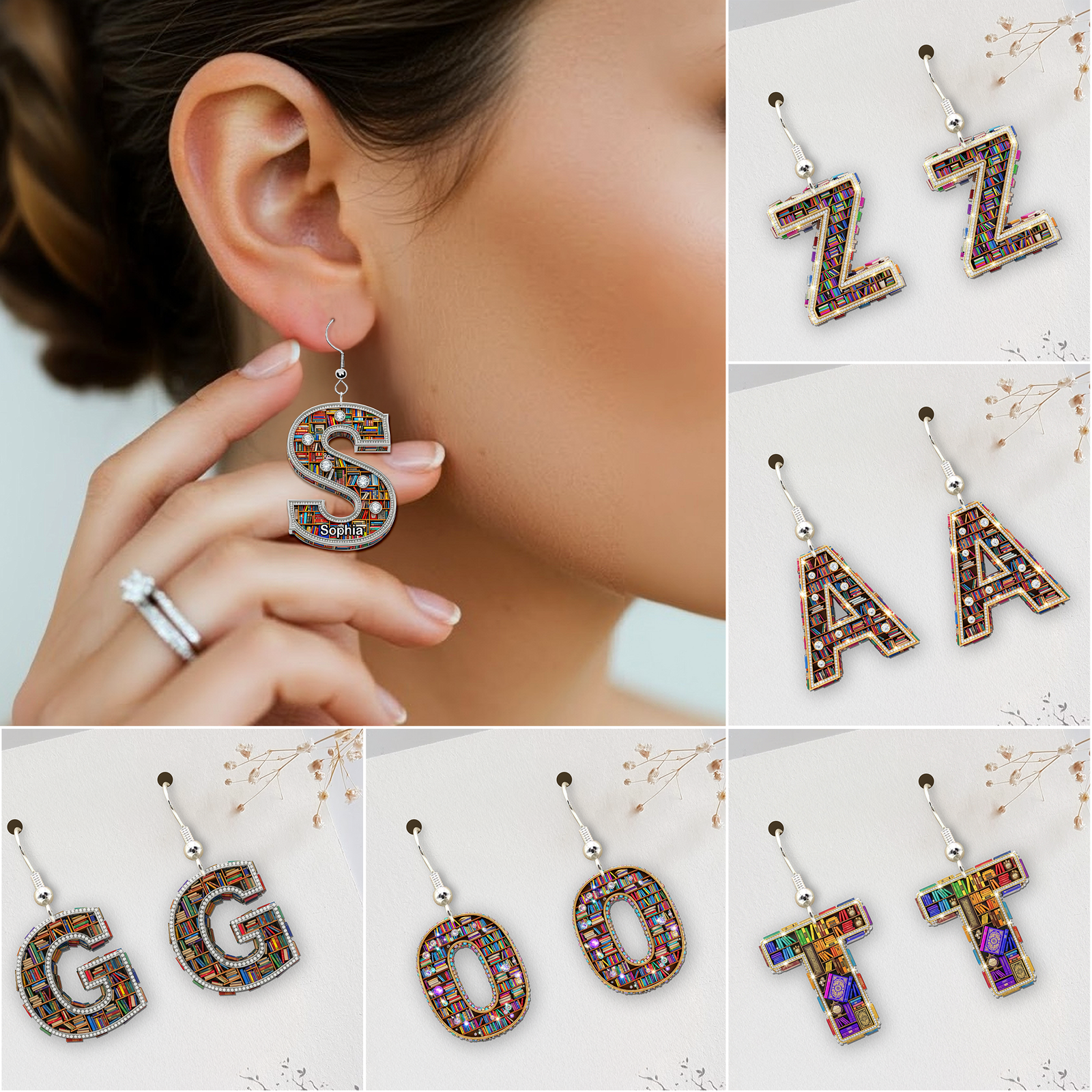 Bookshelf With Initials Acrylic Earrings- Personalized Gift For Book Lovers 01HULU170625 - Earrings - GoDuckee