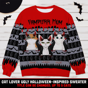 Vampurr Mom And Dad, Gift For Cat Lovers, Personalized Knitted Ugly Sweater, Vampire Cat Sweater, Halloween Gift - AOP Products - GoDuckee