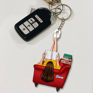 Girl Reading Book On Sofa Custom Book Titles, Personalized Keychain - Keychains - GoDuckee