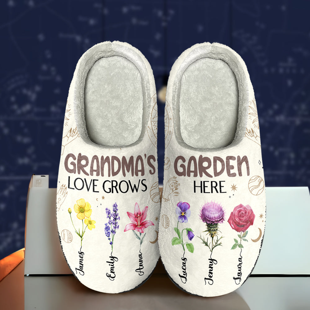 Grandma's Garden, Love Grows Here, Gift For Grandma, Personalized Home Slippers, Zodiac Flowers Slippers - Shoes - GoDuckee