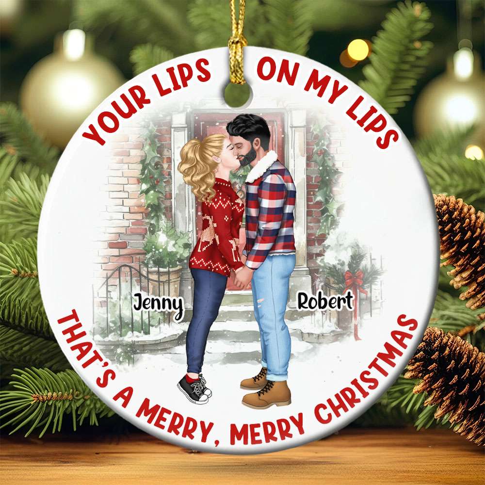 That's A Merry, Merry Christmas, Couple Gift, Personalized Ceramic Ornament, Couple Kissing Ornament, Christmas Gift - Ornament - GoDuckee