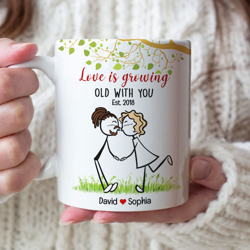 Love Is Growing Old With You, Gift For Couple, Personalized Mug, Stick Couple Kissing Mug, Anniversary Gift - Coffee Mug - GoDuckee