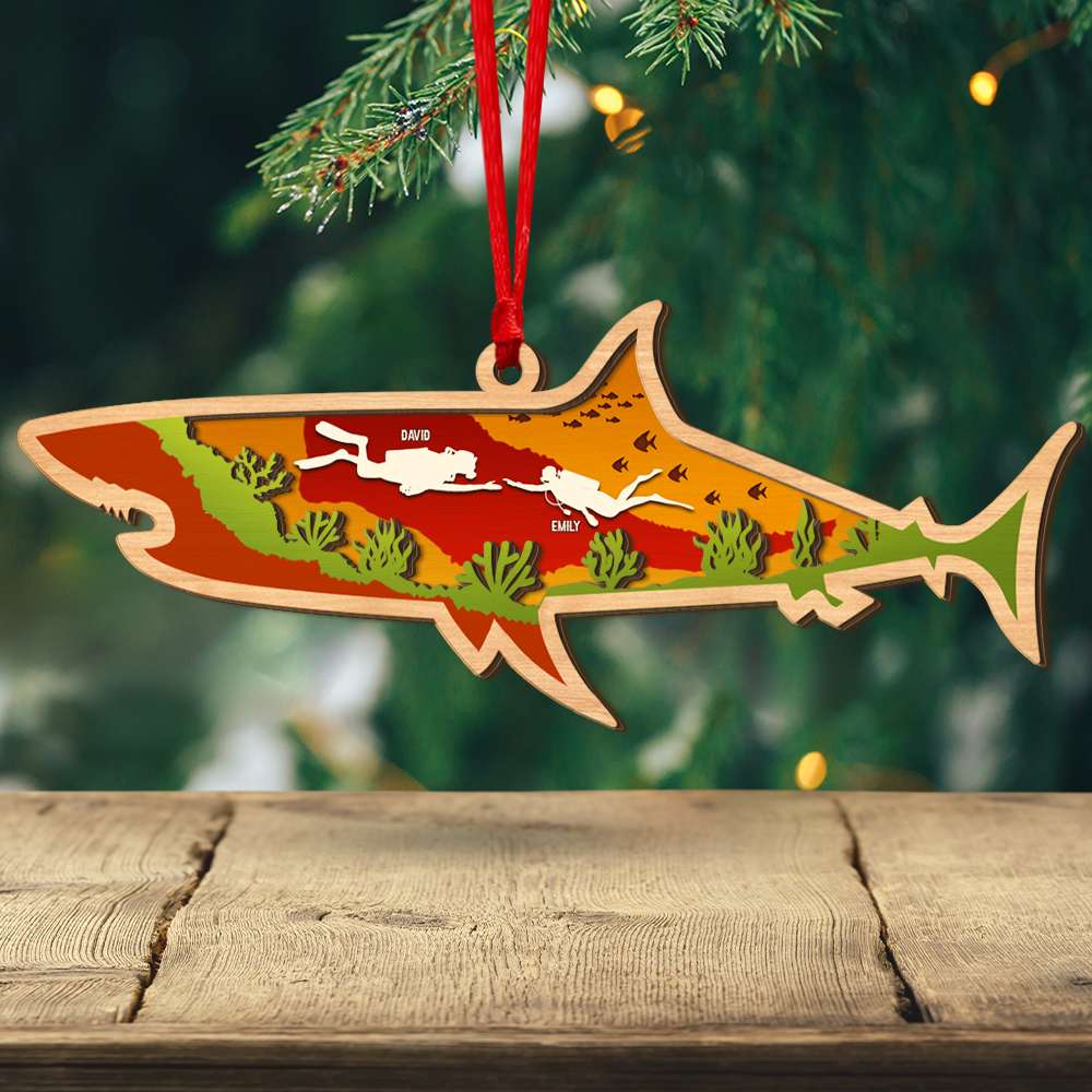 Couple Gift, Personalized Wood Ornament, Diving Couple Wood Ornament, Christmas Gift - Ornament - GoDuckee