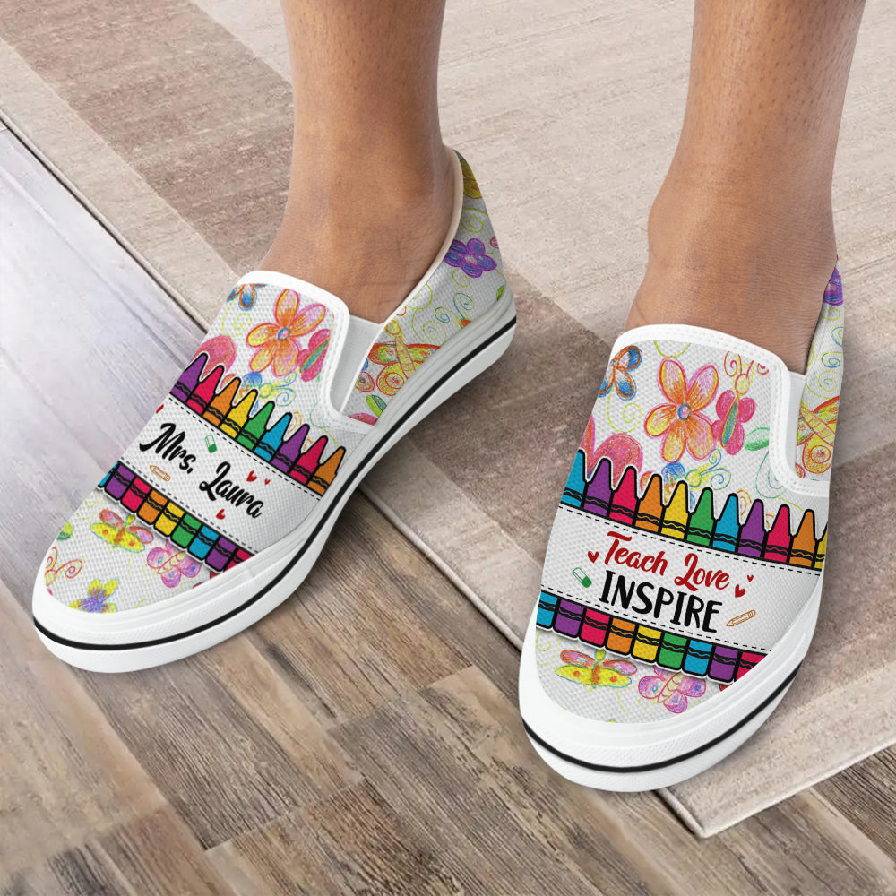 Gift For Teacher, Personalized Slip On Shoes, Crayon Flower Teacher Shoes, Back To School Gift - Shoes - GoDuckee