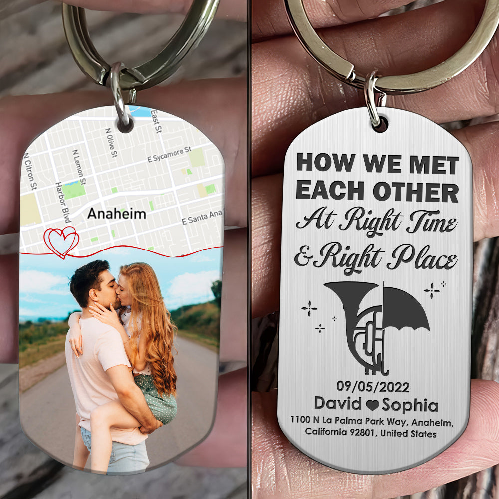 How We Met Each Other, Couple Gift, Personalized Stainless Steel Engraved Keychain, Custom Photo Couple Keychain 05HTTI011223 - Keychains - GoDuckee