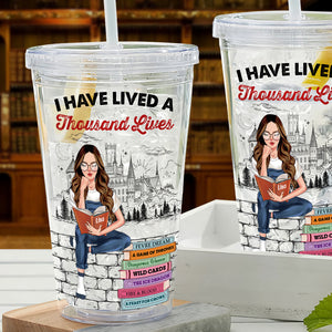 I Have Lived A Thousand Lives, Gift For Book Lover, Personalized Acrylic Tumbler, Custom Title Girl Reading Book Tumbler - Tumbler Cup - GoDuckee