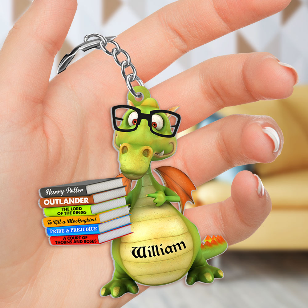 Gift For Kids, Personalized Keychain, Dragon Reading Books, Custom Title Book Name Keychain - Keychains - GoDuckee