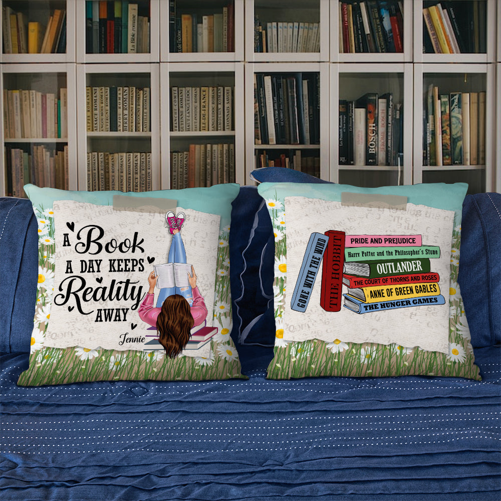 A Book A Day Keep Reality Away Personalized Girl Holding Book Square Pillow Gift For Book Lovers - Pillow - GoDuckee