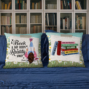 A Book A Day Keep Reality Away Personalized Girl Holding Book Square Pillow Gift For Book Lovers - Pillow - GoDuckee