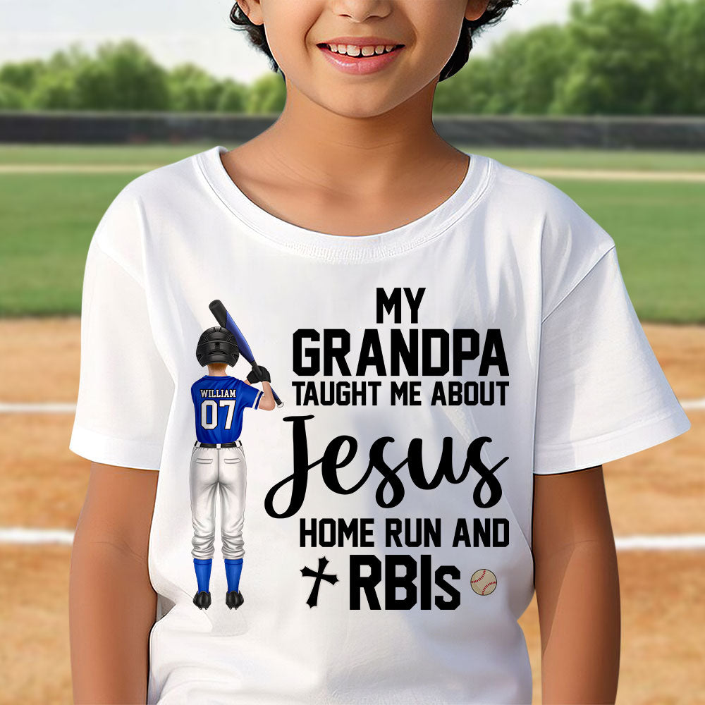 My Dad Taught Me About Jesus Home Run, Gift For Kids, Personalized Shirt, Base Ball Kid Shirt - Shirts - GoDuckee