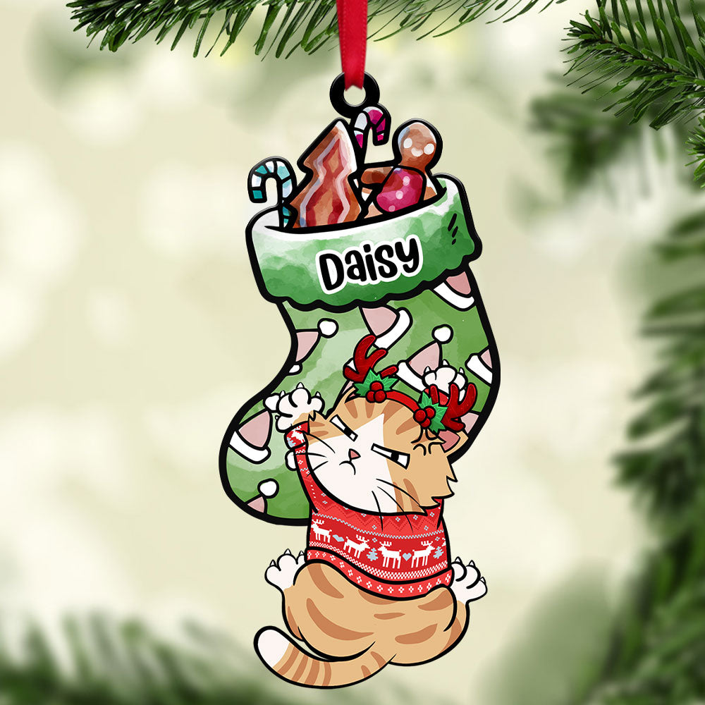 Gift For Cat Lovers, Personalized Acrylic Ornament, Cat Holding Socks Ornament, Christmas Gift - Ornament - GoDuckee