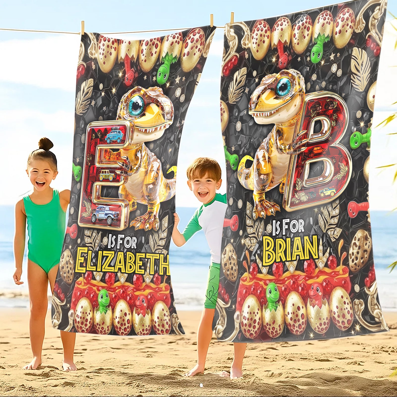 Dino Alphabet Letter Beach Towel - Personalized Gifts For Movie Lovers 03tgti110725 - Beach Towel - GoDuckee