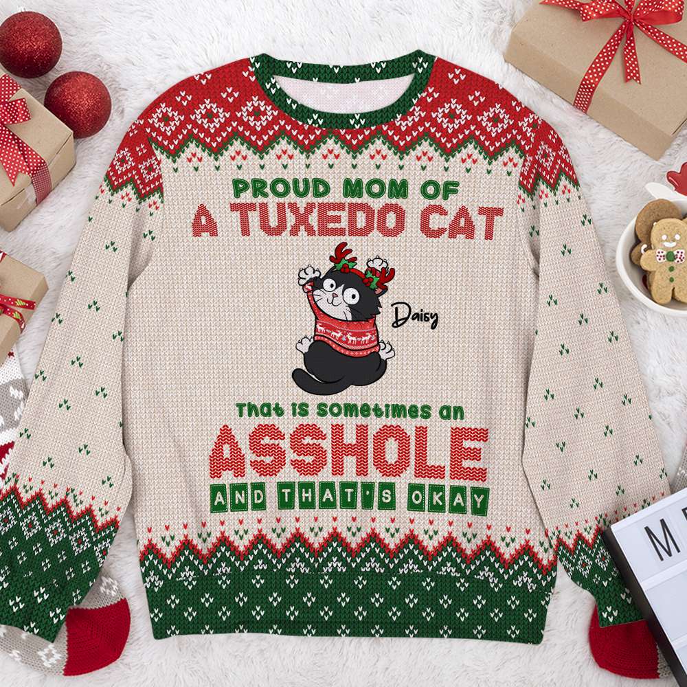 Proud Mom Of [Custom Quote] That Are Sometimes Assholes, Gift For Cat Lover, Personalized Knitted Ugly Sweater, Naughty Cat Sweater, Christmas Gift - AOP Products - GoDuckee