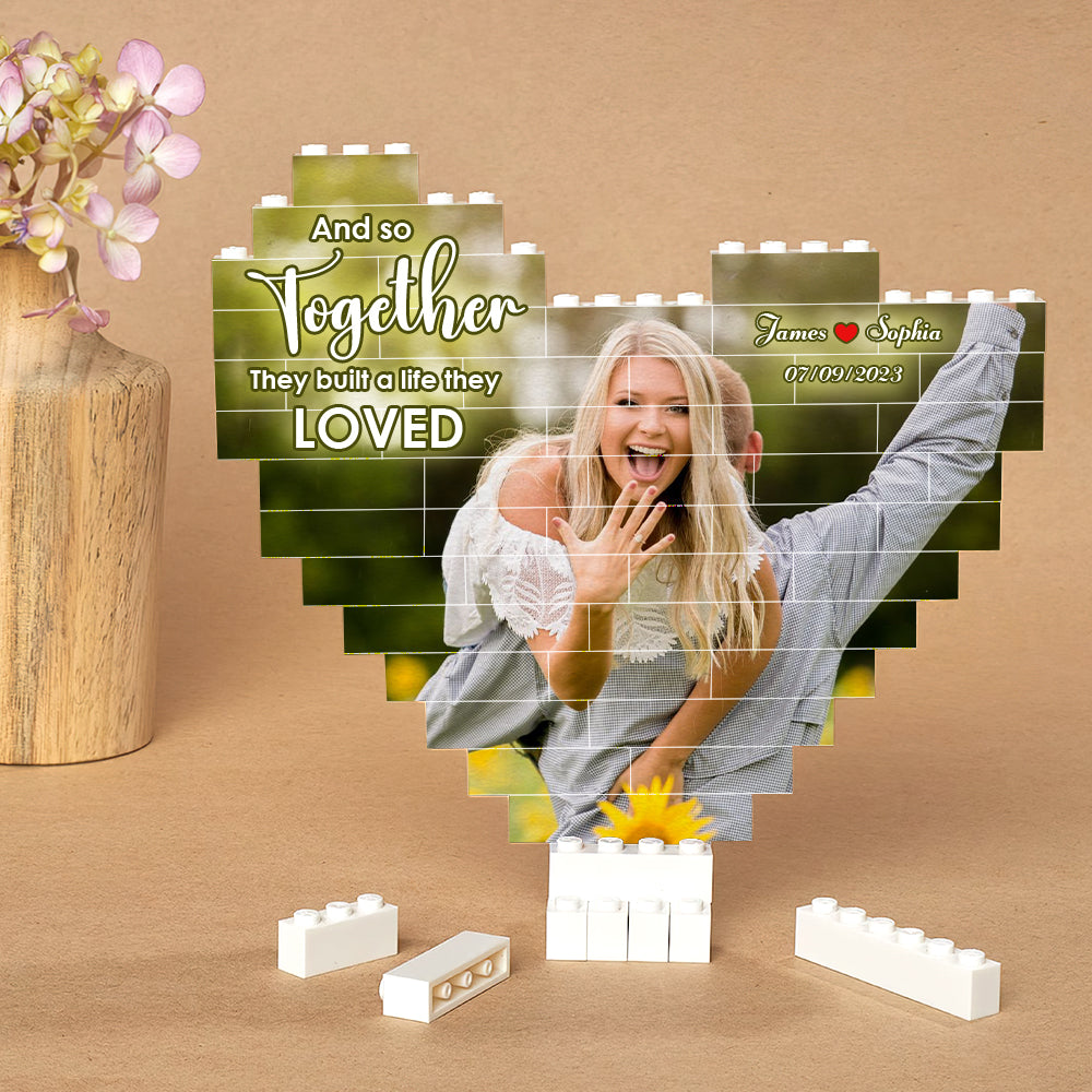 And So Together They Built A Life They Loved, Personalized Couple Custom Photo Heart Shape Building Block Puzzle, Newly Engaged/ Newly Wedding/ Anniversary Gift Idea - Home Decor - GoDuckee