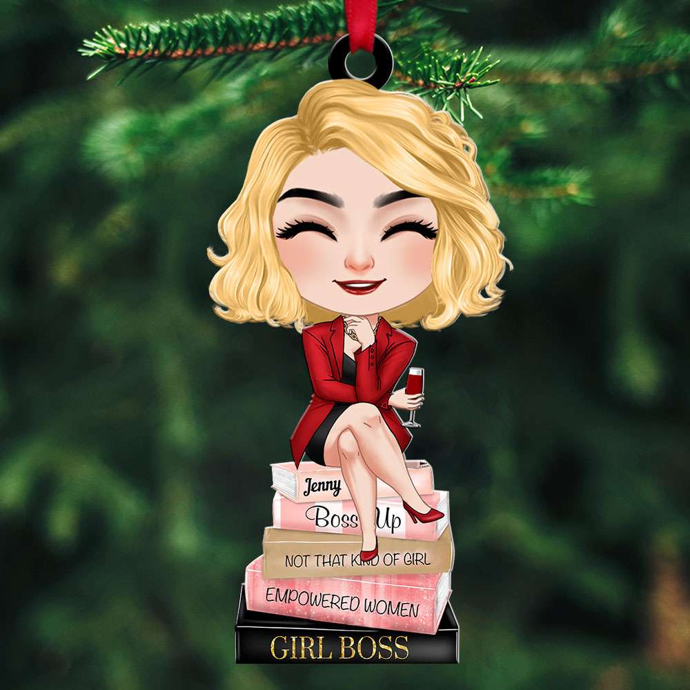 Gift For Boss Girl, Personalized Acrylic Ornament, Boss Girl Sitting On Books Ornament, Christmas Gift - Ornament - GoDuckee