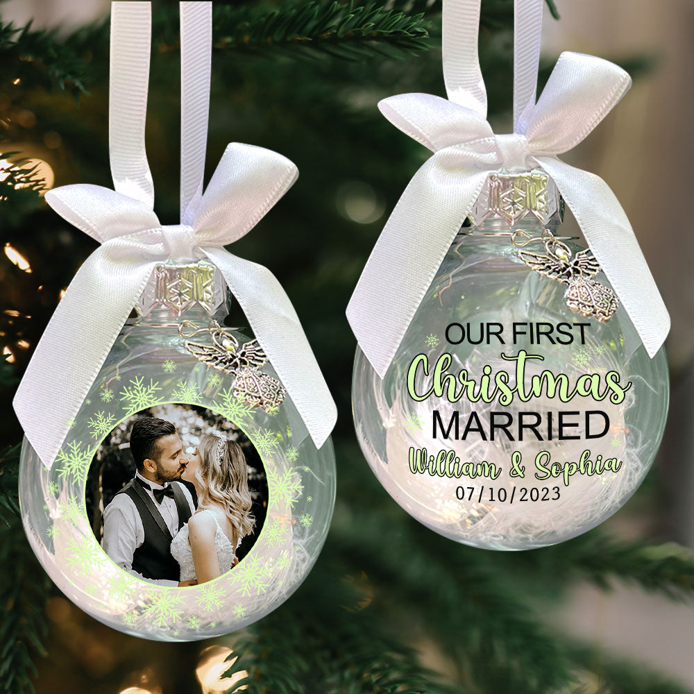 Our First Christmas Married, Couple Gift, Personalized Memorial Ornament, Custom Image Ornament, Christmas Gift - Ornament - GoDuckee