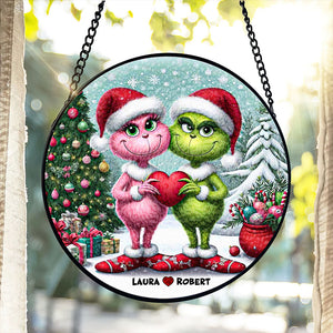 Personalized Christmas Gifts For Couple Round Window Hanging Stained Glass 04KATI030824 - Ornament - GoDuckee