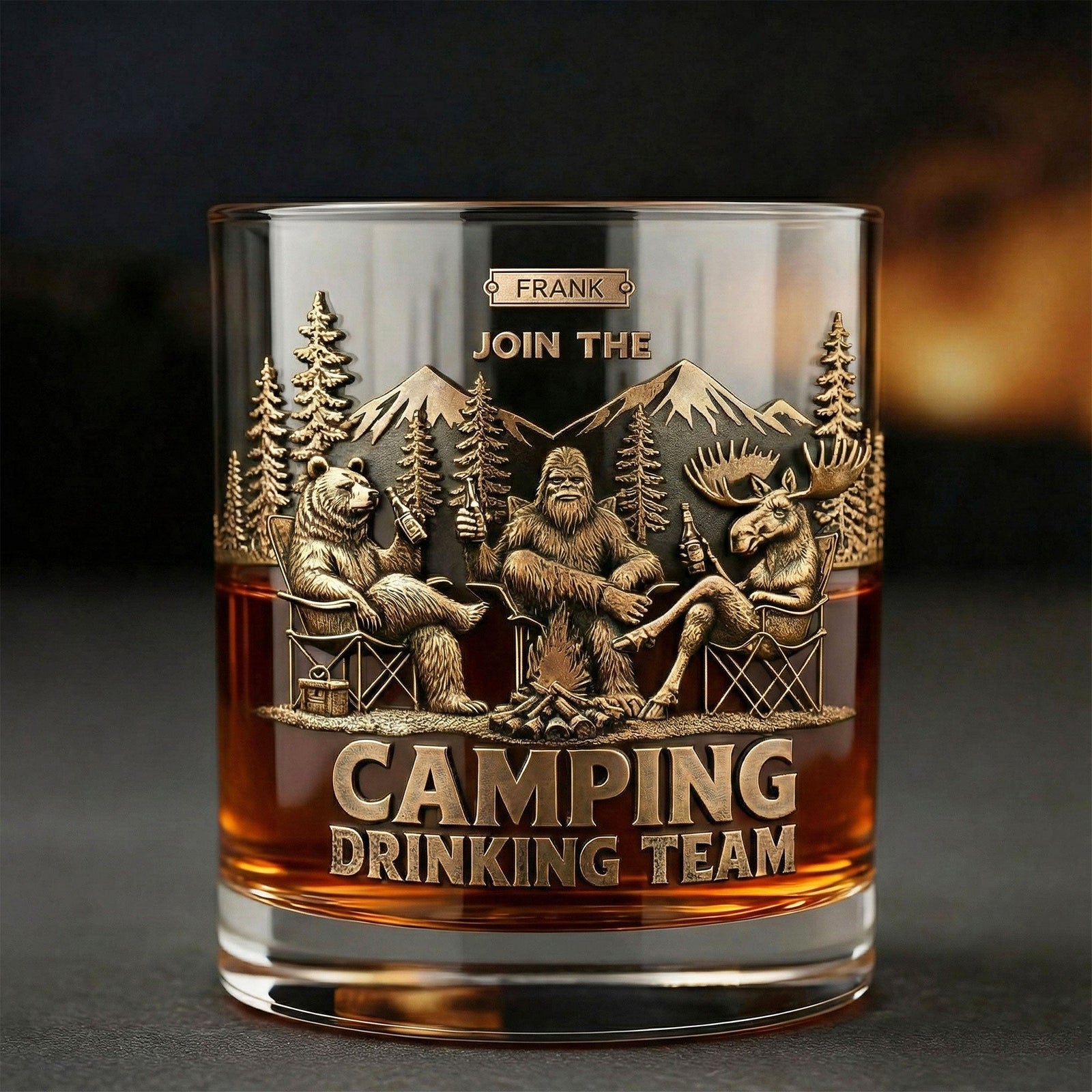 Fun Camping Drinking Team Round Glass, Personalized Gifts For Camping Lover & Bigfoot Seeker 03QHTI181225-Homacus