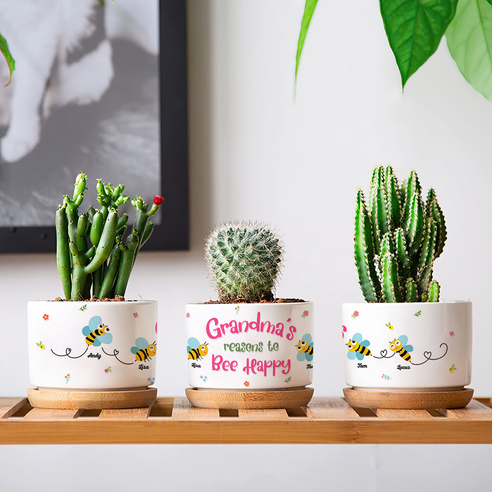 happy planter pots Grandma's Reasons To Bee Happy - Personalized Grandma Bee Plant Pot