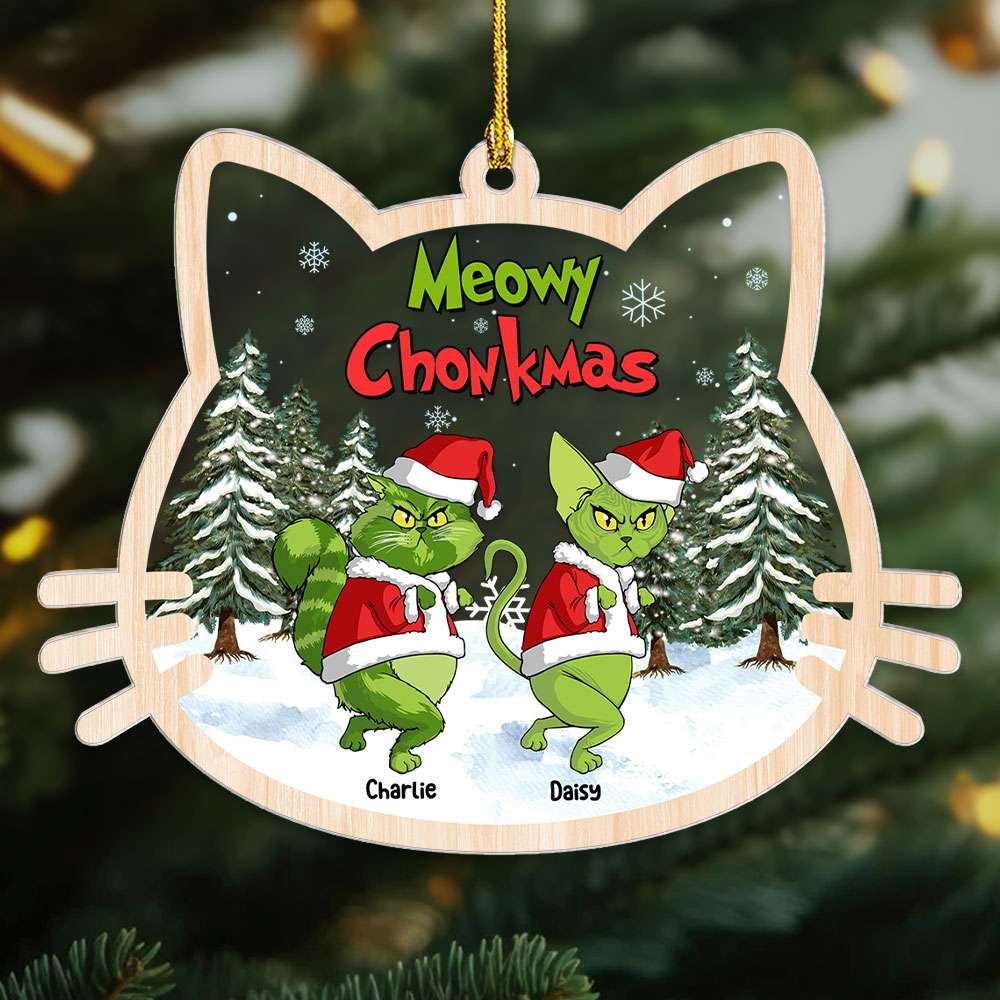 Meowy Chonkmas, Gift For Cat Lover, Personalized Acrylic Ornament, Green Cat Ornament, Christmas Gift - Ornament - GoDuckee