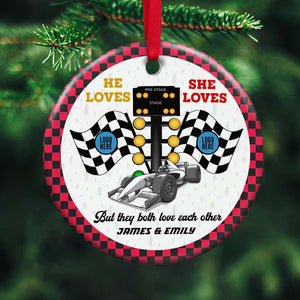 But They Both Love Each Other, Couple Gift, Personalized Ceramic Ornament, Racing Car Couple Ornament, Christmas Gift 02HUTI061023 - Ornament - GoDuckee