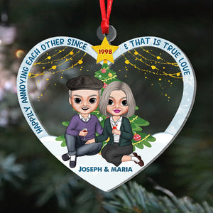 Happily Annoying Each Other Personalized Old Couple Chrismas Tree Acrylic Heart Shape Ornament Gift For Couple - Ornament - GoDuckee