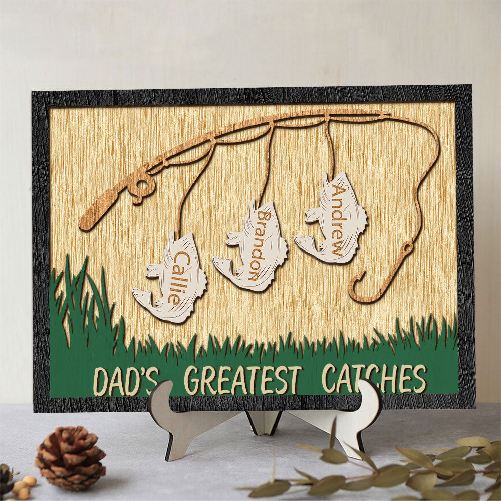 Fishing Dad's Greatest Catches, Personalized Layered Wood Sign Stand, Gifts for Dads - Wood Sign - GoDuckee
