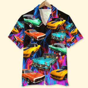 Custom Muscle Car Photo Hawaiian Shirt, Colorful Flame Pattern (New) - Hawaiian Shirts - GoDuckee