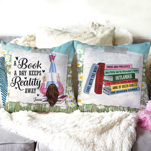 A Book A Day Keep Reality Away Personalized Girl Holding Book Square Pillow Gift For Book Lovers - Pillow - GoDuckee