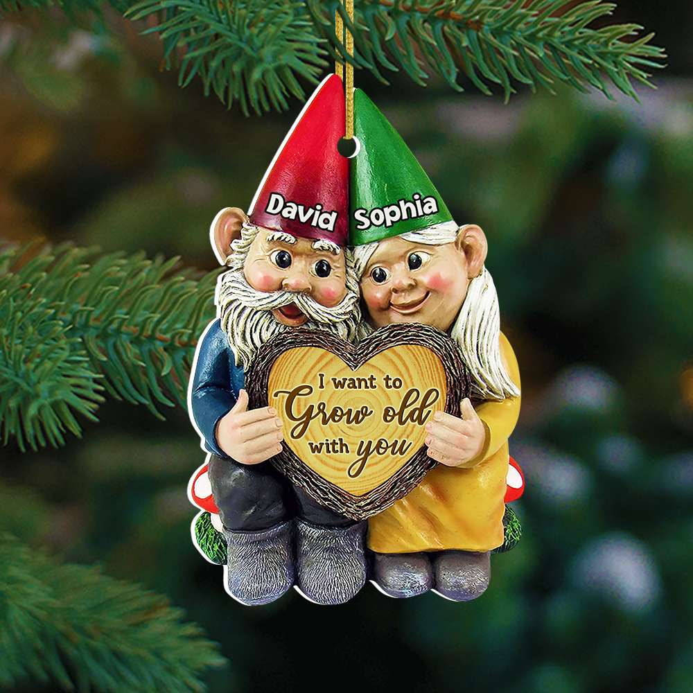I Want To Grow Old With You, Couple Gift, Personalized Acrylic Ornament, Old Garden Gnome Couple Ornament, Christmas Gift - Ornament - GoDuckee