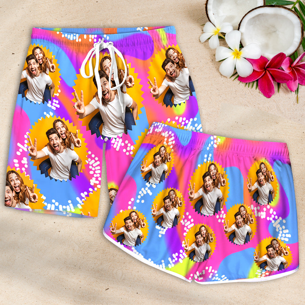 Pattern Photo Couple, Personalized Couple Beach Shorts, Gift For Couple - Beach Shorts - GoDuckee