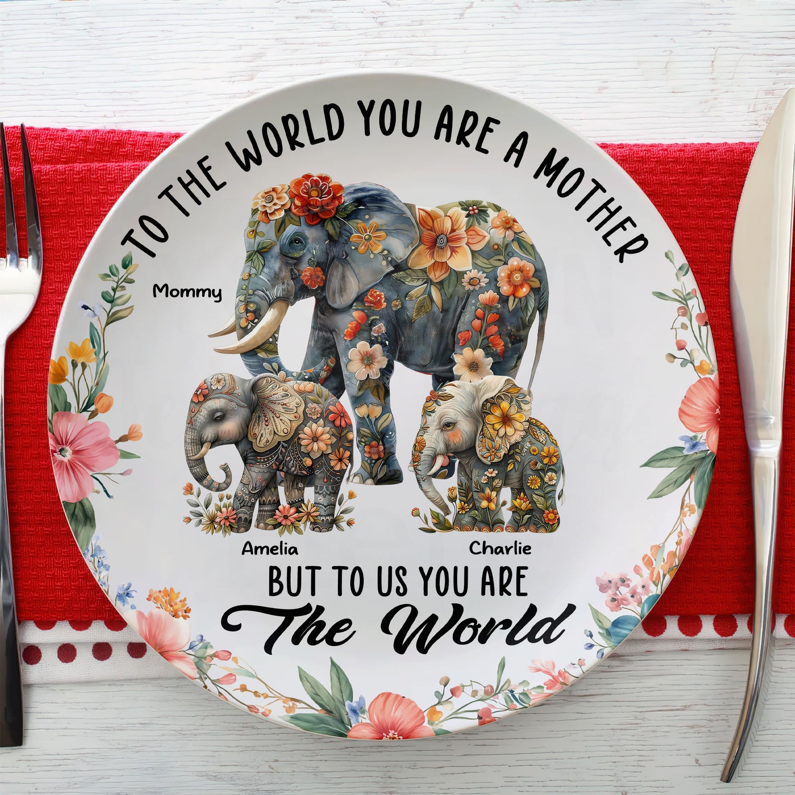 Personalized Gifts For Mom Ceramic Round Plate Elephant Mom 05xqti250325 - Ceramic Round Plate - GoDuckee