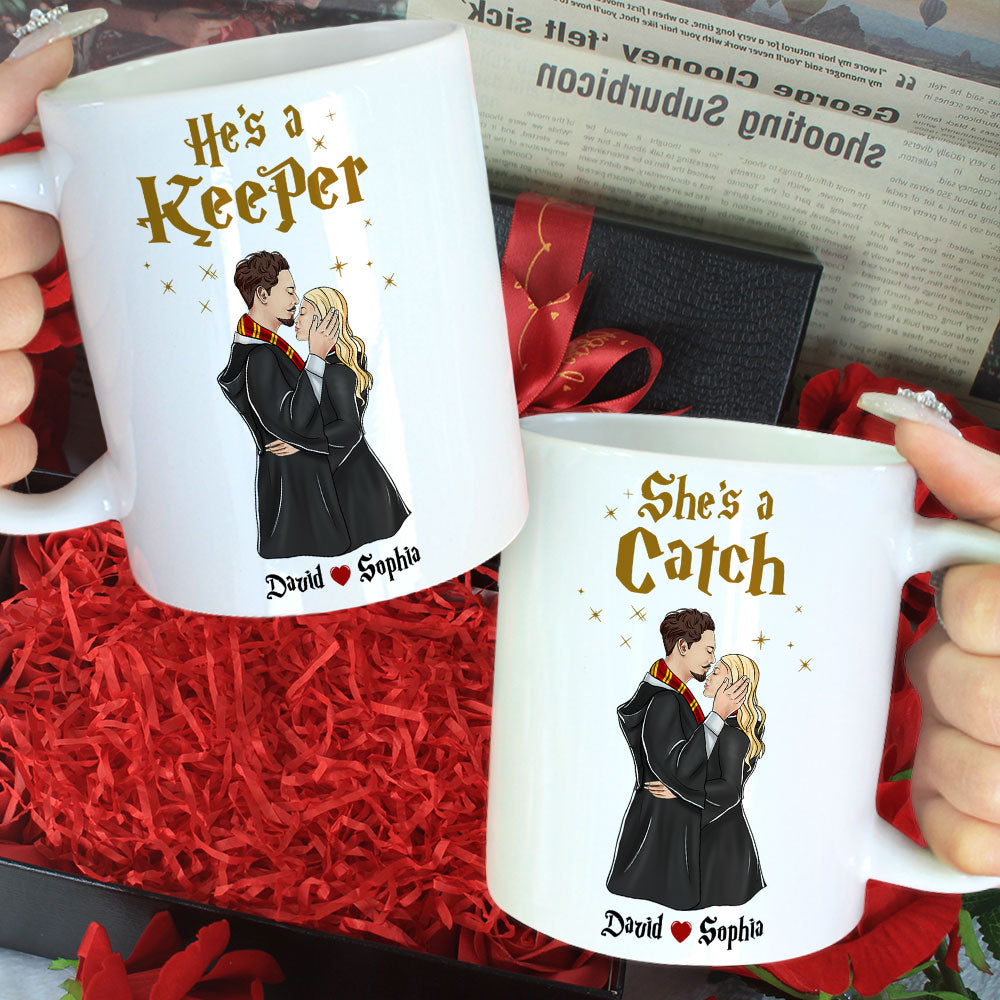 She's A Catch, He's A Keeper, Gift For Couple. Personalized Mug, Wizard Couple Mug, Couple Gift 06HTTI180723TM - Coffee Mug - GoDuckee