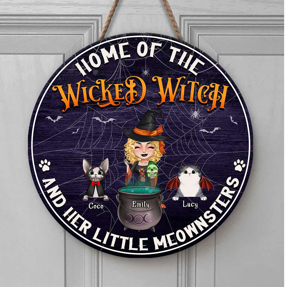 Home Of The Wicked Witch, Gift For Cat Lover, Personalized Wooden Sign, Cat Lover Witch Wood Sign, Halloween Gift - Wood Sign - GoDuckee