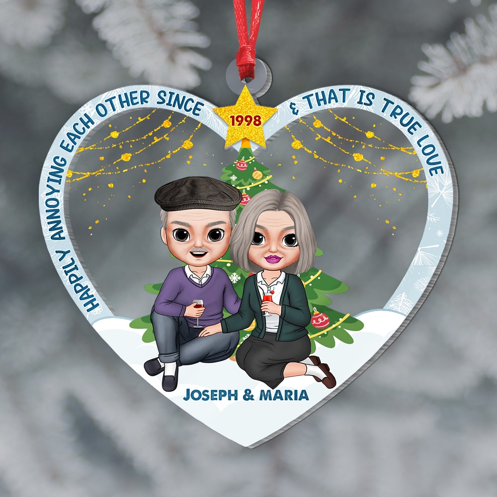 Happily Annoying Each Other Personalized Old Couple Chrismas Tree Acrylic Heart Shape Ornament Gift For Couple - Ornament - GoDuckee