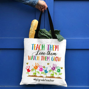Teach Love Watch Them Grow, Personalized Tote Bag, Gift For Teacher, Handprint Flowers - Tote Bag - GoDuckee