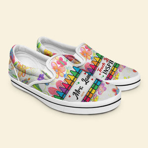 Gift For Teacher, Personalized Slip On Shoes, Crayon Flower Teacher Shoes, Back To School Gift - Shoes - GoDuckee
