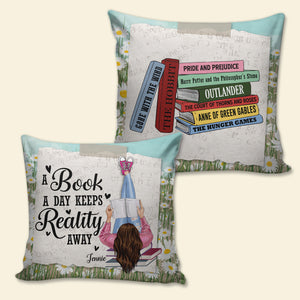 A Book A Day Keep Reality Away Personalized Girl Holding Book Square Pillow Gift For Book Lovers - Pillow - GoDuckee