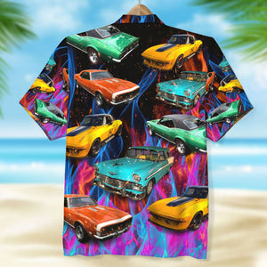 Custom Muscle Car Photo Hawaiian Shirt, Colorful Flame Pattern (New) - Hawaiian Shirts - GoDuckee